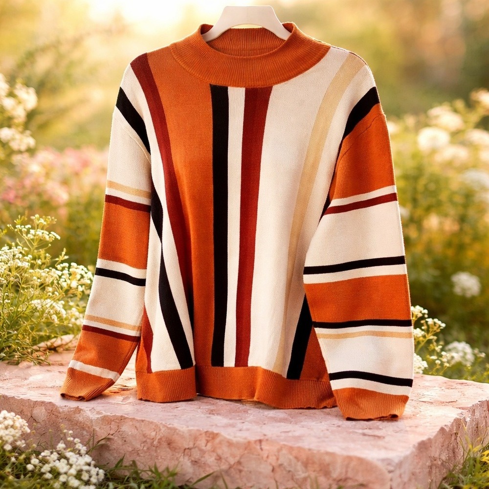 Grace Karin Mens XL Striped‎ Mock Neck Sweater Rust Cream Black Pullover NWT